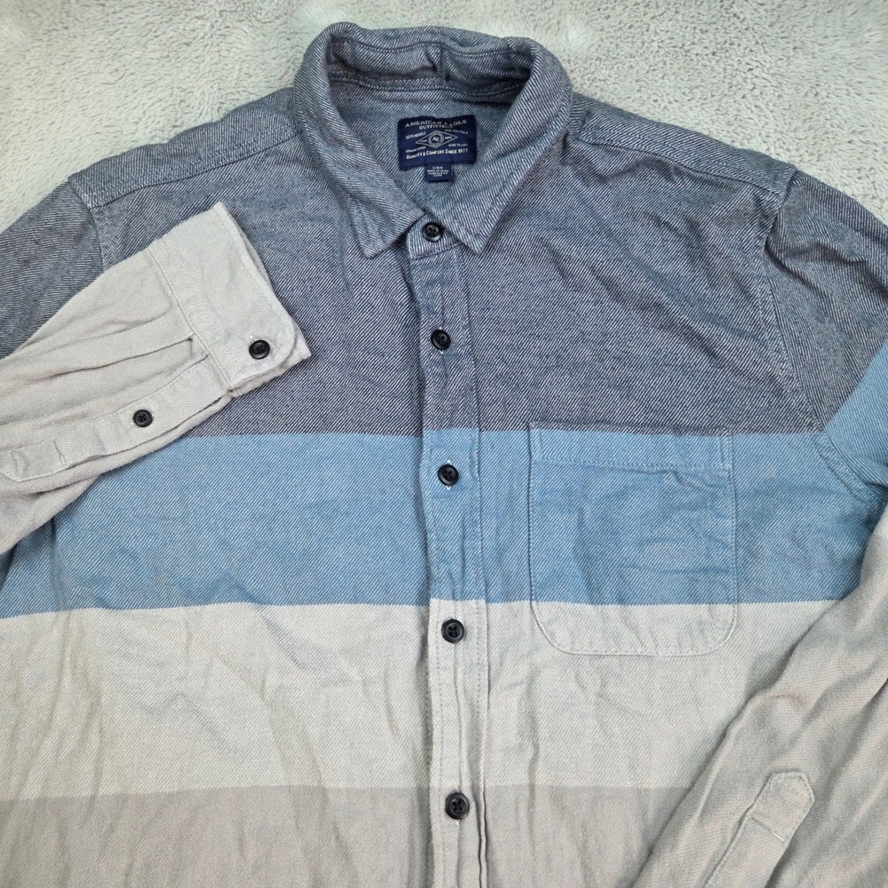 American Eagle Button Down Shirt Mens L Colorblock Long Sleeve Cotton Blue Grey
